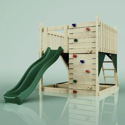 Produktbild von OutdoorToys Spielturm Sternenhimmel aus Holz mit Kletterwand, Outdoor Klettergerüst mit Plattform, Wellenrutsche und Sandkasten in Dunkelgrün