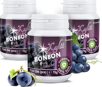 Produktbild von Xylit Birkenzucker Bonbon Blaue Traube als Munderfrischung | 3 x 70g | 300 Xylit Bonbons | zuckerfrei, vegan, ohne Aspartam