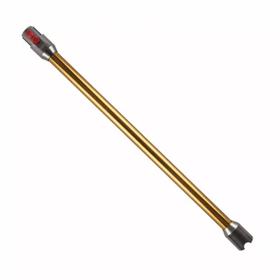 A gold vacuum cleaner extension tube with a red button on a white background.