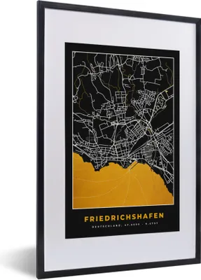 Produktbild von MuchoWow® Gerahmtes Poster Stadtplan - Karte - Deutschland - Gold - Friedrichshafen - Karte 40x60 cm - Poster mit Schwarzem Bilderrahmen Wandposter Rahmen Foto Bilder - Poster in Rahmen
