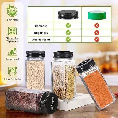 Obrázok produktu pre 24 sklenených nádobiek na korenie, 120 ml, čierne, obdĺžnikové, s lievikom a štítkami