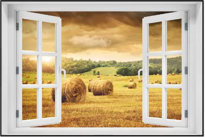 Produktbild von Wallario Wandbild mit Fenster-Illusion: Strohballen auf dem Feld bei Sonnenuntergang, Größe: 61 x 91,5 cm, Poster mit schwarzem Aluminiumrahmen