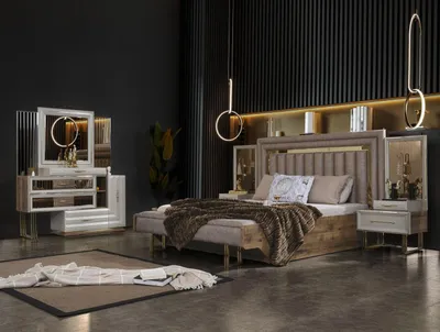 Zdjęcie produktu dla Meble do sypialni Łóżko podwójne Szafki nocne Konsola Beżowa 4szt Luxury