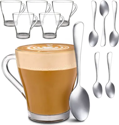 Produktbild von Cosumy 6 Cappuccino Gläser mit Henkel und Löffel - 250ml - Hält lange warm - Ideale Größe für Kaffeevollautomaten - Spülmaschinenfest