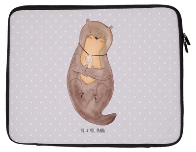 Produktbild von Mr. & Mrs. Panda Schutzhülle Laptop Otter Muschel 20 x 28 cm - Grau Pastell - Geschenk, Hülle, Laptoptasche, Laptophülle, Motivation, Case, Tasche, Medaillon, Seeotter