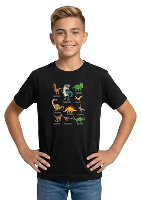 Produktbild von Spreadshirt Dinosaurier Arten Übersicht Dino T-Rex Comic Teenager T-Shirt, 134/146 (9-11 Jahre), Schwarz