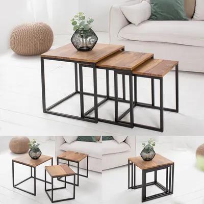 Produktbild von cagü: Design 3er Set Beistelltische [MAILAND] Sheesham mit Metallgestell Schwarz 40/35/30cm