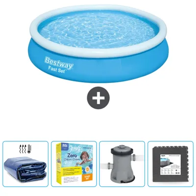 Produktbild von Bestway runder aufblasbarer Fast-Set-Pool – 366 x 76 cm – Blau – im Lieferumfang enthalten Sonnensegel - Wartungspaket - Pumpe - Bodenfliesen