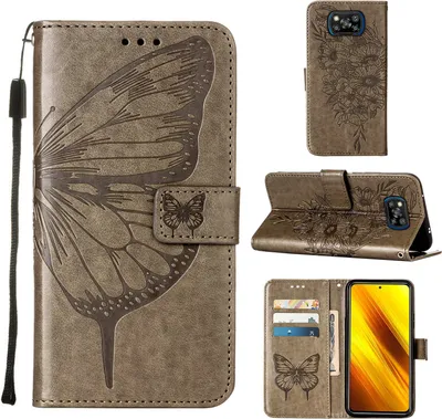 Produktbild von Xiaomi Poco X3 NFC Hülle, Schmetterling Prägung Flip Leder Kartenfächer Schutzhülle Ledertasche mit Ständer für Xiaomi Poco X3 NFC / X3 / X3 Pro Grau