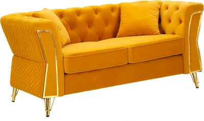 Produktbild von Sofa aus Metall und senffarbenem Samt mit Kissen 162x83x76 cm