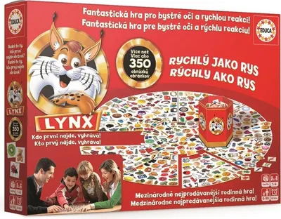 The image shows the box of a board game called LYNX, which features a lynx character and many small images on the game board. A family is depicted playing the game.