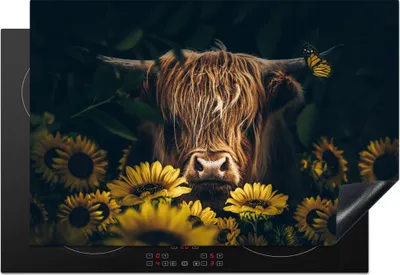 Produktbild von KitchenYeah© Herdabdeckplatte Schottische Highlander - Blumen - Kuh - Botanisch - Tiere , 76x51cm, Küche Deko, Glaskeramikkochfeld Herdabdeckung, Abdeckplatte fùr Kochfeld