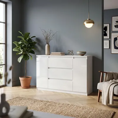 Produktbild von Masseno Kommode NUDO 120 cm Sideboard mit 3 Schubladen und 2 Türen für Wohnzimmer Schlafzimmer Modern 120x39x78,5 cm Weiß / Weiß