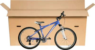 A blue bicycle is placed inside a large cardboard box, ready for shipping.