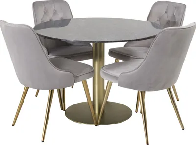 Image de EstelleØ106BLBR ensemble table, table noir, marbre et 4 Velvet Deluxe chaises Velours grisclair, laitonReproduction.
