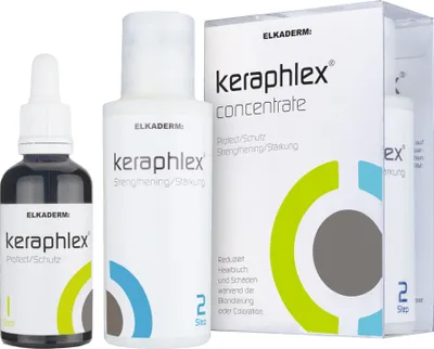 Three bottles of Keraphlex hair treatment products are displayed against a white background.