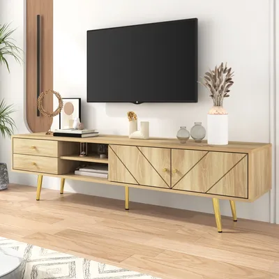 Produktbild von MODFU TV-Schrank Lowboard mit Goldfüßen, Zwei Schubladen und Einzigartig Gestalteten Türen für 60-Zoll-TV, Fernsehtisch Wohnzimmerschränke für Wohnzimmer, Esszimmer, Holzfarbe