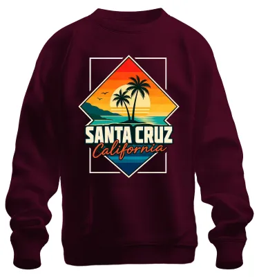Imagen del producto de Sudadera con cuello redondo, estilo retro, con motivos de Santa Cruz, California, playa Palmen, Océano Pacífico, costa de Estados Unidos, color burdeos, talla S