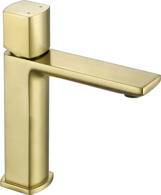 Produktbild von sanicomfort Waschtischarmatur BAROS Gold gebürstet – Einhebelmischer für Waschbecken inkl. Ablaufgarnitur – Badarmatur aus Messing, modernes Design, einfache Montage