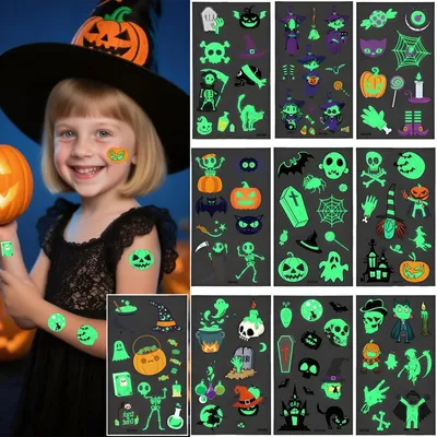 Obrázek produktu pro Tato tetování pro děti na Halloween svítí ve tmě, balení obsahuje 10 listů s 100 motivy, jsou voděodolná