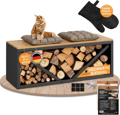 Produktbild von BLACK OAK OHIO Kaminholzbank Schwarz mit Holzablage & Lederhandschuh