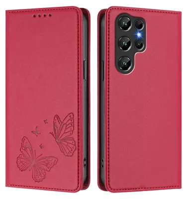 Produktbild von Lederhülle für Oukitel C61 / C61 Pro, Schmetterling Prägung Leder Brieftasche Schutzhülle mit Ständer Rot