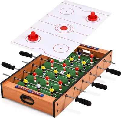 Produktbild von 2 in 1 Multi- Spieltisch, Mini Kickertisch Air Hockeytisch aus Holz & Eisenrohr, Fußballtisch Game Tisch mit Rutschfestem Griff, Tischkicker für die Ganze Familie, für Kinder & Erwachsene