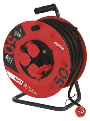 Venkovní prodlužovací kabel na bubnu 50 m / 4 zásuvky / černý / guma / 230 V / 1,5 mm2