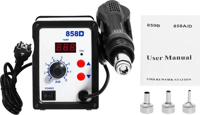 Produktbild von Heißluft Lötstation - SMD Rework-Station - 700 W - 100–450 °C - LED-Digitalanzeige - 3 Düsen -  - 120 cm Handgriff