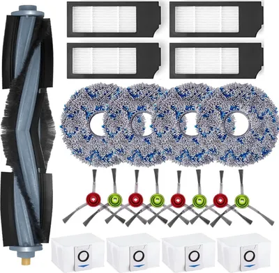 A collection of cleaning accessories for a robot vacuum cleaner, including a main brush, filters, mop pads, side brushes, and dust bags, laid out on a white background.