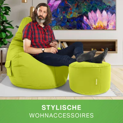 Produktbild von Green Bean® Sitzsack mit Rückenlehne + Hocker "Cozy+Stay" 80x70x90cm - Gaming Chair mit 230L EPS Perlen Füllung - Hellgrün
