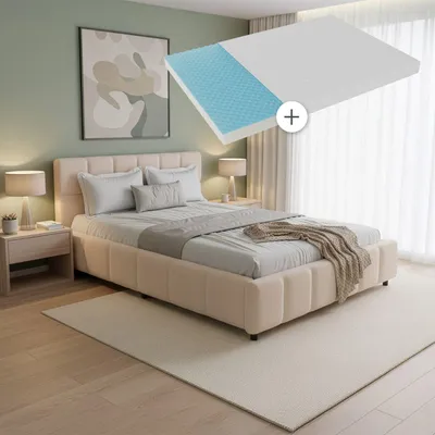 Produktbild von Juskys Polsterbett Florenz 140 x 200 cm mit Matratze, Bouclé, Bubble Design & modern – Beige