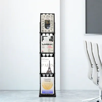 Zdjęcie produktu dla Stojak ekspozycyjny – składany stojak na prospekty/czasopisma – 4 przegródki – metalowa rama – przenośny – 36×27×132 cm – czarny