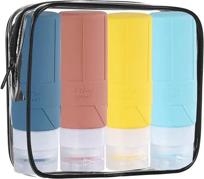 Produktbild von Famanu Reiseflaschen Set 100 ml - 4 Stück, auslaufsicher, nachfüllbare Silikonflaschen