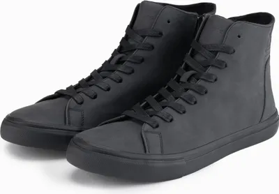 A pair of black high-top sneakers.