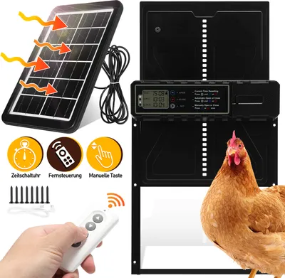 Obrázok produktu pre Aopunly Automatická klapka na kurčatá, otvárač dverí na kurčatá, automatická klapka na kurčatá na solárnu energiu, otvárač dverí na kurníky, vodotesný, s diaľkovým ovládaním, IPX3