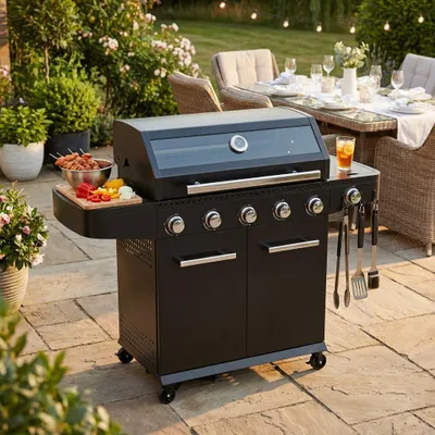 Immagine prodotto di Milani Home - barbecue a gas da giardino, 5 fuochi + fornello laterale, metallo, con coperchio e ruote, nero
