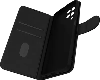 A black flip case for a smartphone, shown open.