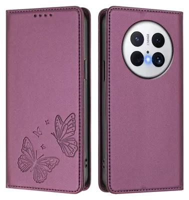 Obrázek produktu pro Kožené pouzdro pro Huawei Mate 70 Pro/Mate 70 Pro+, motýlí ražbou, peněženkové flip pouzdro se stojánkem Fialová
