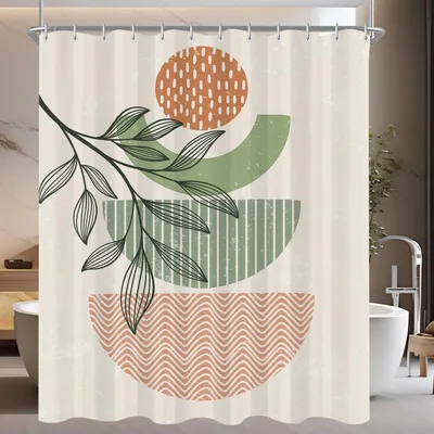 Productafbeelding van Douchegordijn, 180x200 cm, met geometrisch patroon, verzwaard voetstuk, schimmelwerend, waterafstotend, wasbaar, gemaakt van polyester, met 12 oogjes en douchegordijnringen, geschikt voor badkamer en badkuip.