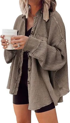 Produktbild von ASKSA Damen Waffelstrick Bluse Hemdjacke Fledermausärmel Button Down Strickjacke Jacke, Kaffee, XL
