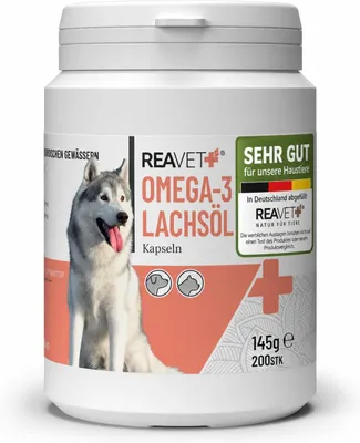 Produktbild von REAVET Lachsöl Kapseln Hund 200 Stück, Omega-3 Lachsöl für Hunde & Katzen I Hochdosiertes Fischöl in Lebensmittelqualität