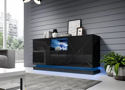 Produktbild von Kommode Sideboard Beistellkommode QIU 150 schwarz Hochglanz 150 x 75 x 41,5 cm Beistellschrank mit 3 Türen