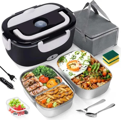 Produktbild von Zimilo Elektrische Lunchbox 3-in-1 Speisenwärmer: 60W Beheizbare Essensbox für Auto, LKW & Büro (12V/24V/220V), 1.5L Edelstahlbehälter, Auslaufsicher