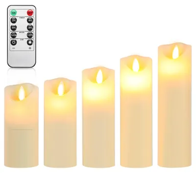 Produktbild von Eikuavons LED Kerzen Echtwachskerzen 5er Set 20 / 18 / 16 / 14 / 13 cm - mit Fernbedienung Timer dimmbar flackernd warmweiß verschiedene Höhen Elfenbein