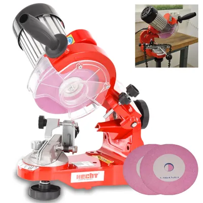A red electric chainsaw sharpener with two grinding discs displayed on a white background.