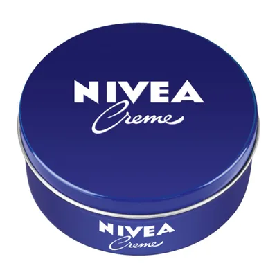 A round blue tin of NIVEA Creme is shown from a slightly elevated angle against a white background.