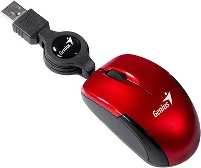 A red Genius brand computer mouse with a retractable USB cable.
