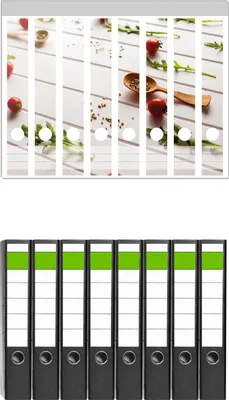 Produktbild von Wallario 8 Stück schmale Ordner inkl. Klebeetiketten mit Motive Küche  Ruccola, Tomaten und Gewürze -  Set mit Rückenschildern / Ordnerrücken Stickern