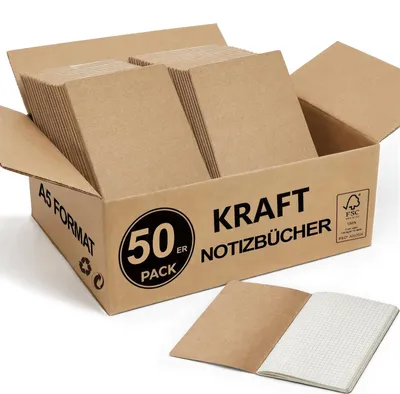 Produktbild von Notizbücher Set von 50 - A5 Format - 60 Seiten kariert - Kraft Umschlag - Großpackung - Schule und Büro - Schreibblock